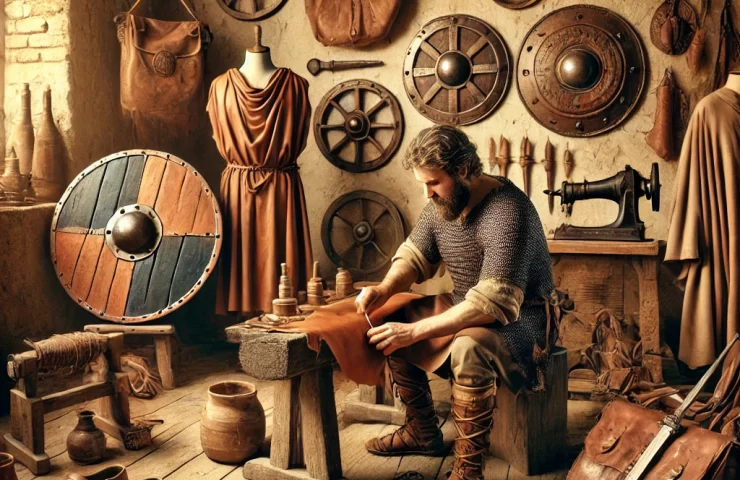 DALL·E 2024-09-23 13.44.43 – A historical scene showcasing the craftsmanship of leather through different eras. The image shows a skilled artisan from ancient times working on lea