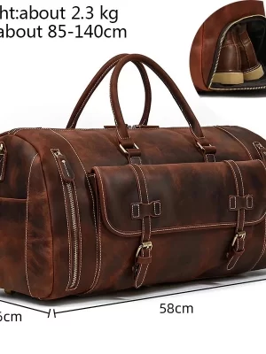 Leather Haven Men's Genuine Crazy Horse Leather Travel Bag with Shoe Pocket – Spacious Luggage Handbag for Business Trips