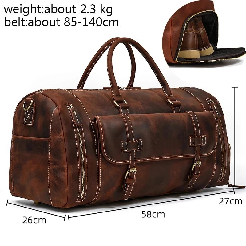 Leather Haven Men's Genuine Crazy Horse Leather Travel Bag with Shoe Pocket – Spacious Luggage Handbag for Business Trips