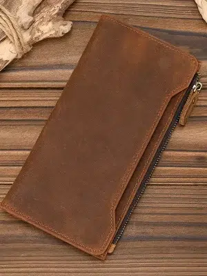 Men's and Women's Genuine Leather Wallet – Slim Long Purse with Single Zipper, Card, Coins, and Cash Holder Clutch