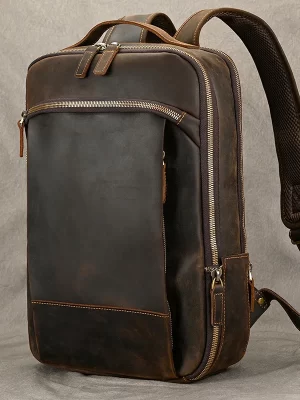 Vintage Leather Travel Backpack for Men | Handmade Crazy Horse Leather Double Zipper Bagpack | Stylish & Durable Travel Bag